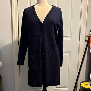 Chico's Navy Button-Up Long Cardigan